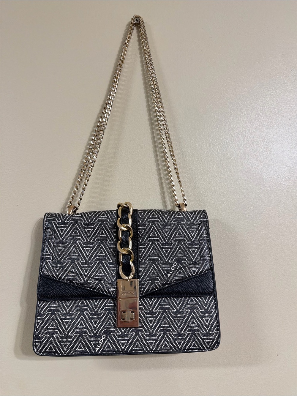 ALDO Black & White Geometric Chain Shoulder Bag with Gold Hardware